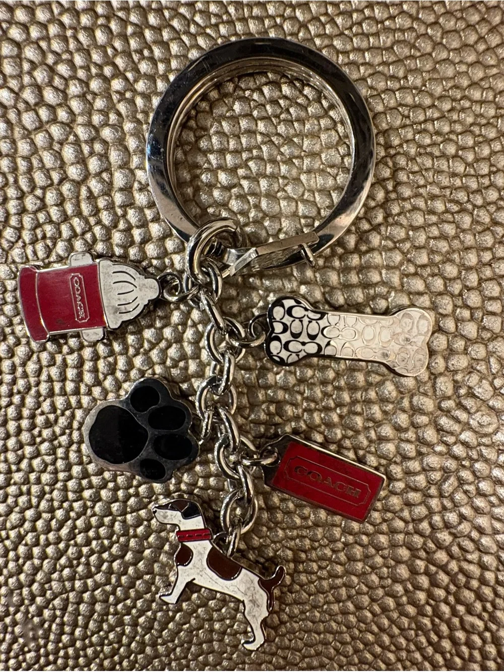 Coach Silver-Tone Keychain with Red Enamel Hydrant & Dog Charms